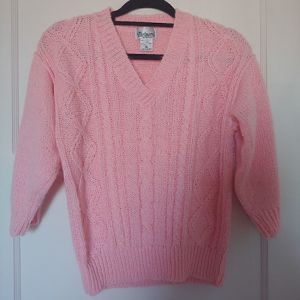 Vintage Partners by Mervyn's Women's Pink Cable Knit V-neck Sweater 3/4 Sleeve M